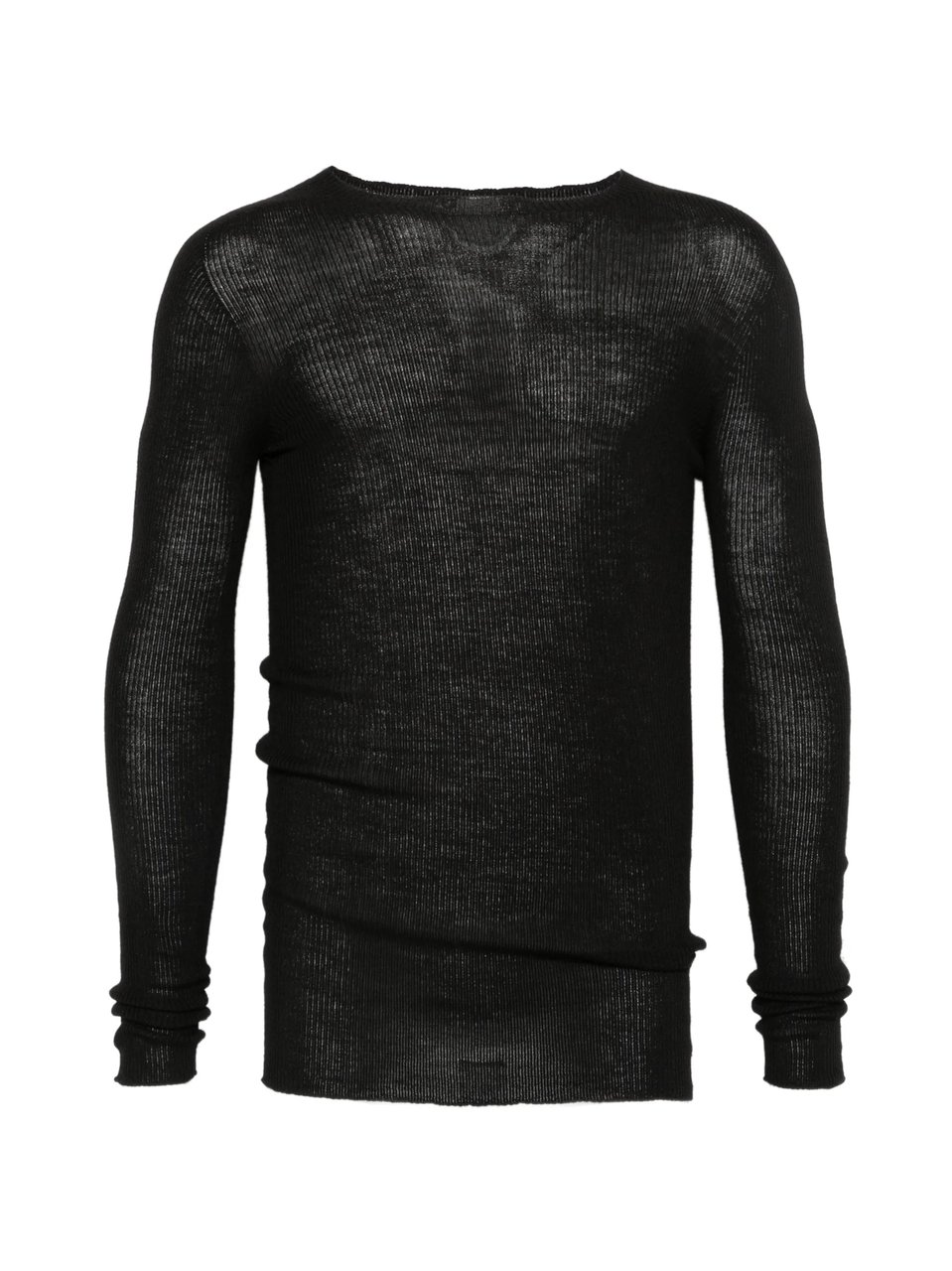 Rick Owens Fitted Black Ribbed Knit Sweater With Round Neckline Zwart