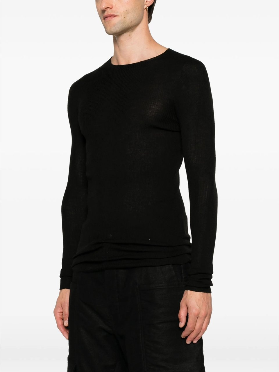 Rick Owens Fitted Black Ribbed Knit Sweater With Round Neckline Zwart