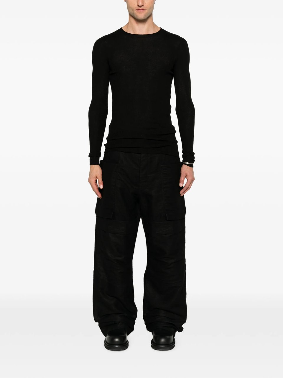 Rick Owens Fitted Black Ribbed Knit Sweater With Round Neckline Zwart