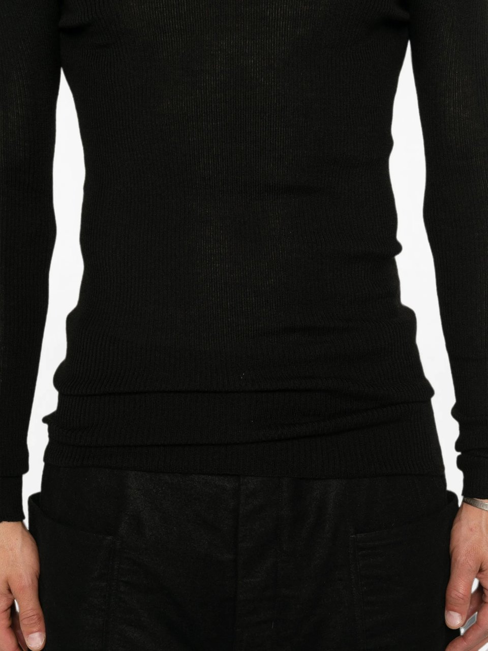 Rick Owens Fitted Black Ribbed Knit Sweater With Round Neckline Zwart