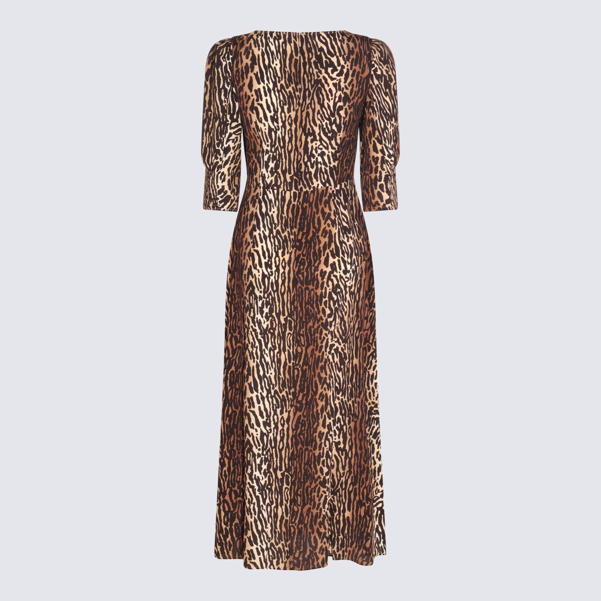 Rixo Animal Print Midi Dress With Fitted Bodice And Unique Ring Detail Bruin