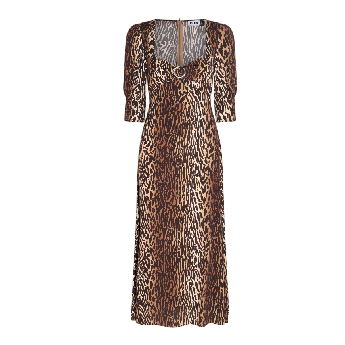 Rixo Animal Print Midi Dress With Fitted Bodice And Unique Ring Detail Bruin