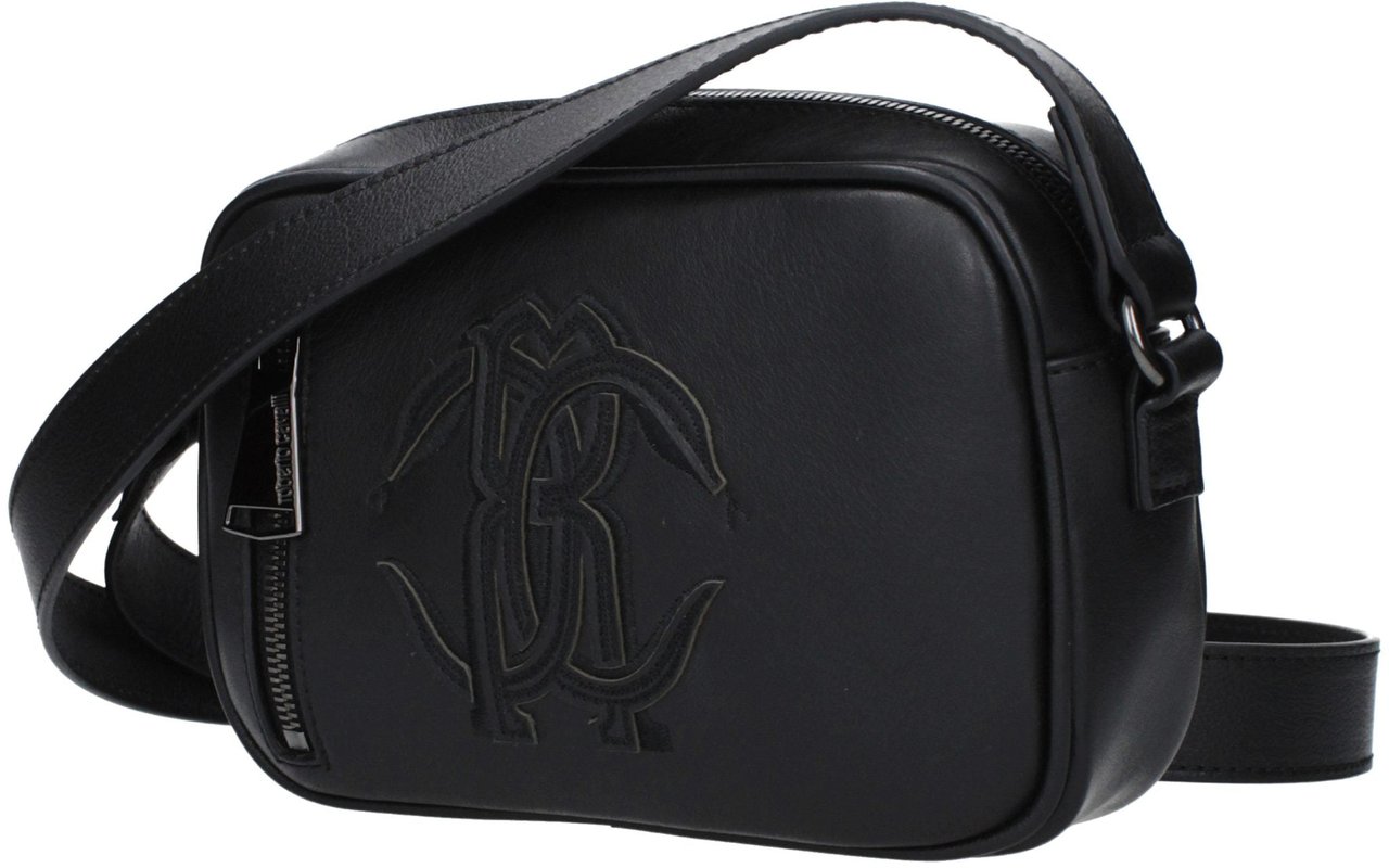 Roberto Cavalli Black Leather Crossbody Bag Zwart