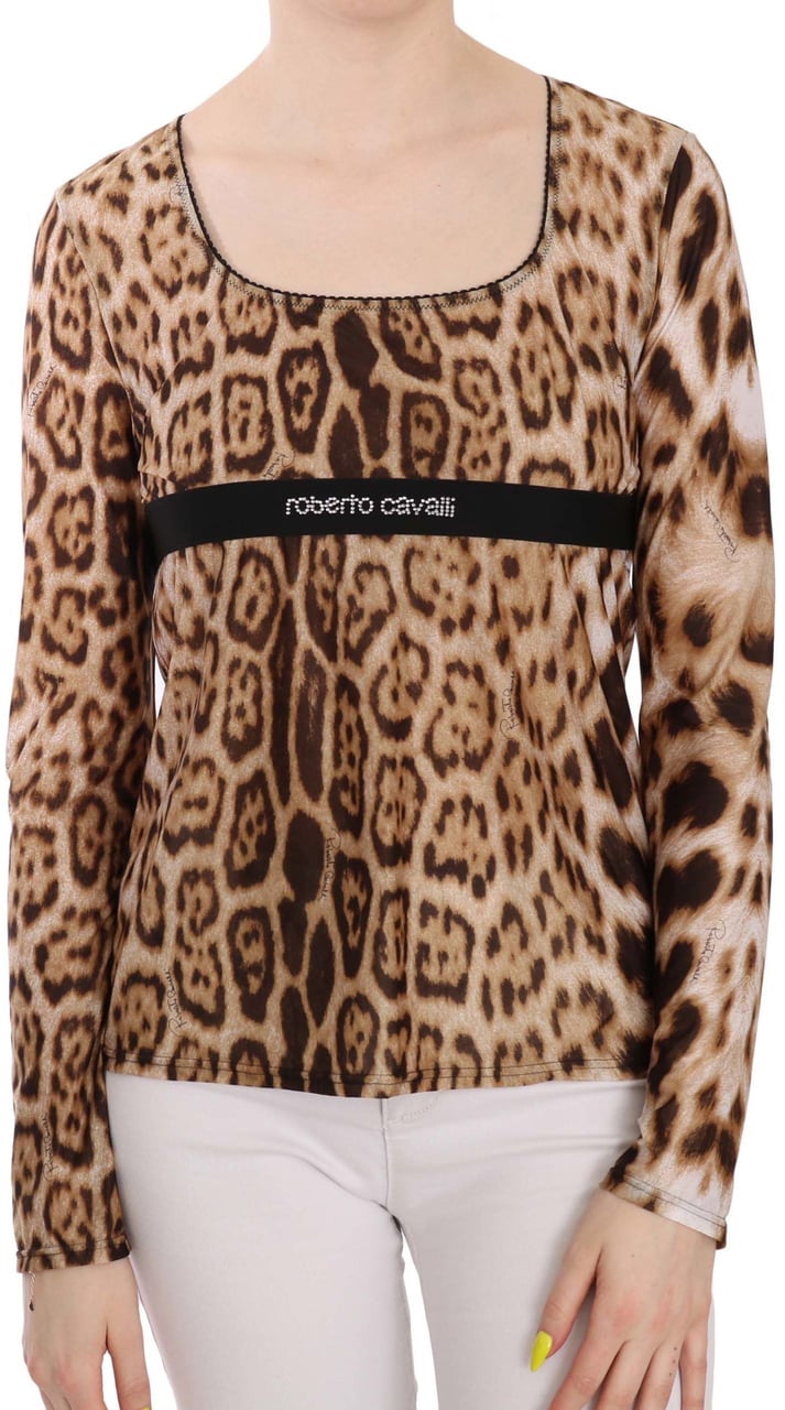 Roberto Cavalli Brown Round Neck Leopard Women Top Blouse Bruin