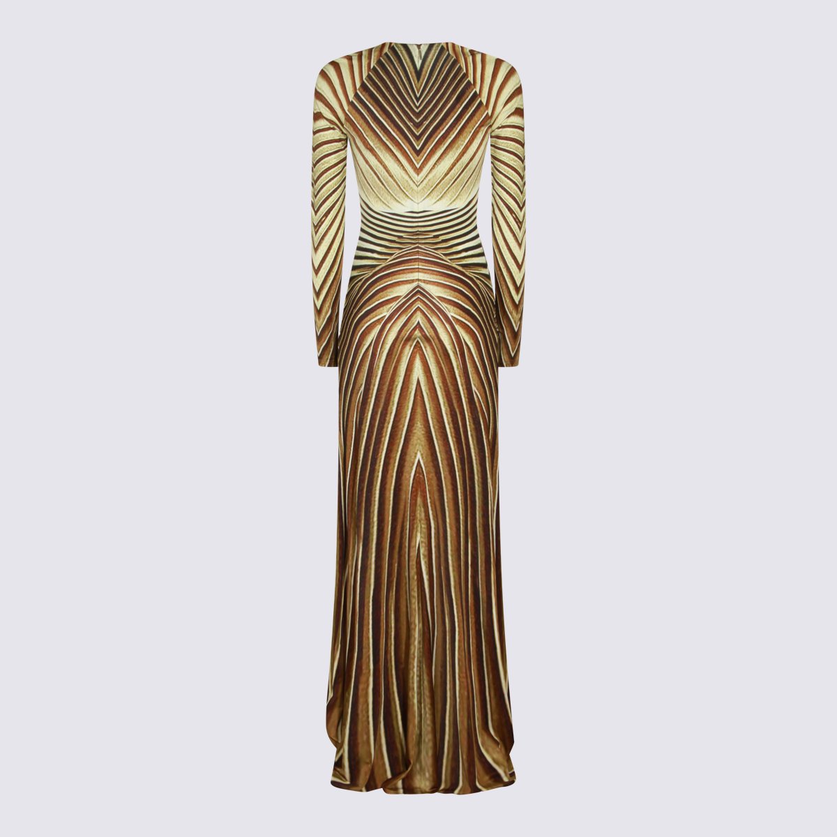 Roberto Cavalli Maxi Dress With Radiating Stripe Pattern And Gold-Tone Snake Detail Bruin