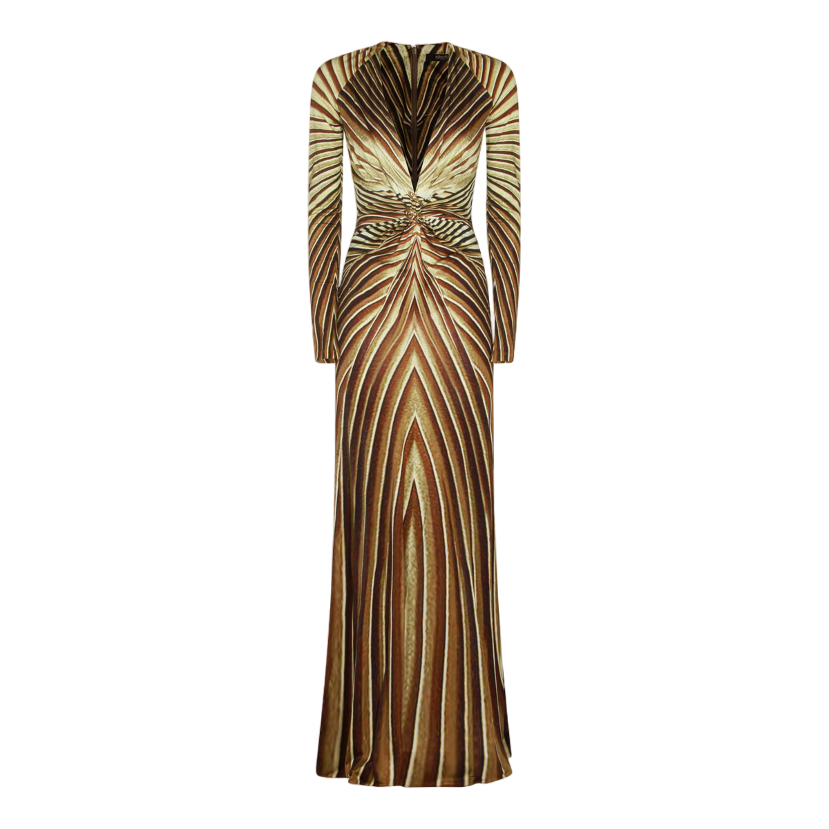 Roberto Cavalli Maxi Dress With Radiating Stripe Pattern And Gold-Tone Snake Detail Bruin