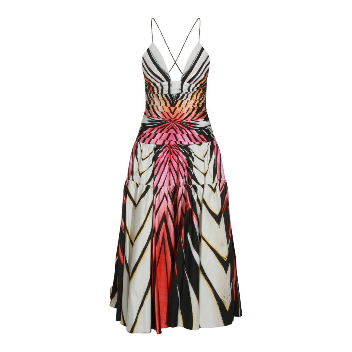 Roberto Cavalli Vibrant Midi Dress With Geometric Pattern And Flared Skirt Roze