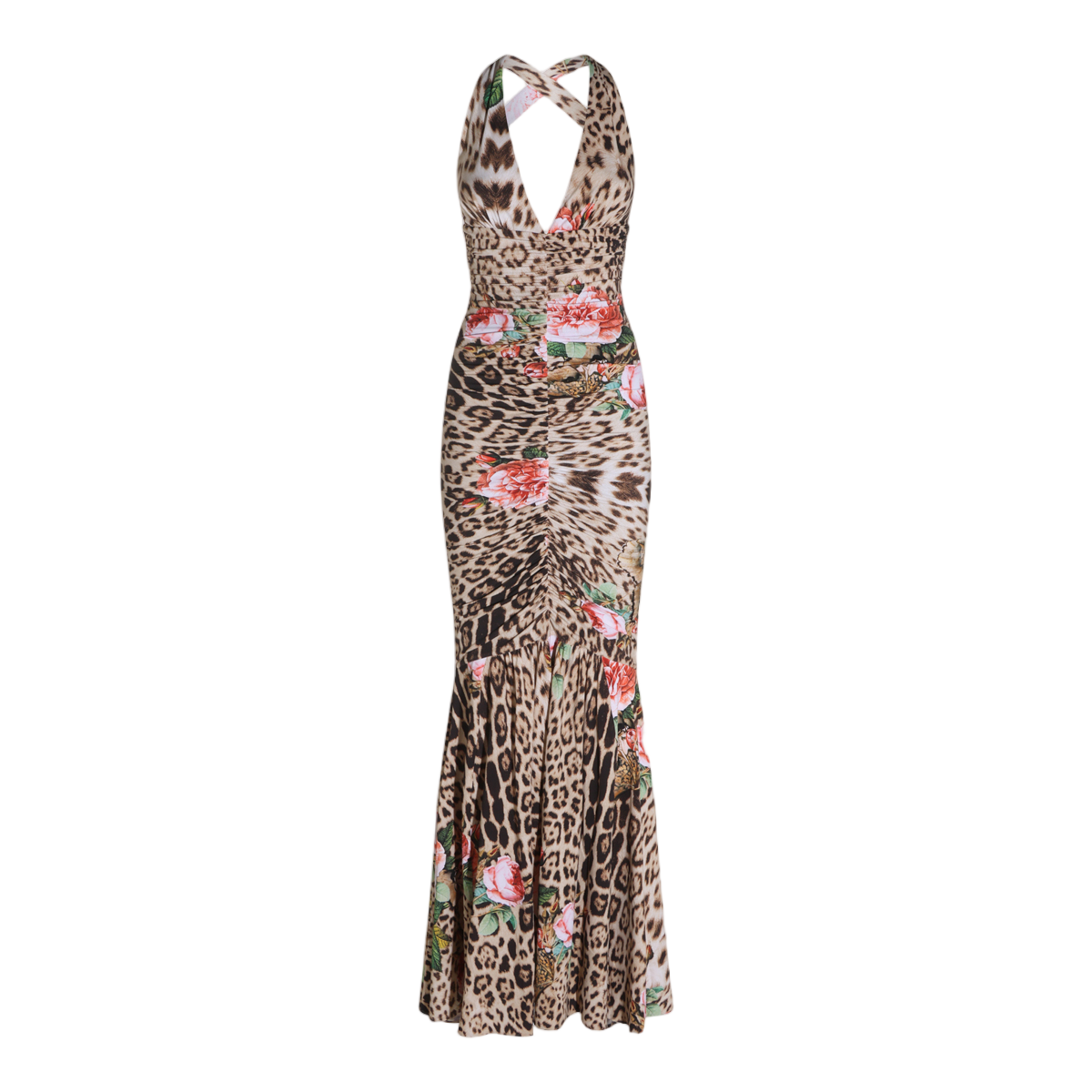 Roberto Cavalli Leopard Print Maxi Dress With Floral Accents And Ruched Detailing Roze
