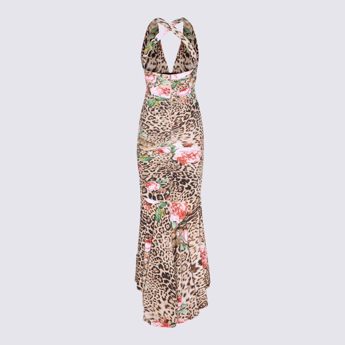 Roberto Cavalli Leopard Print Maxi Dress With Floral Accents And Ruched Detailing Roze