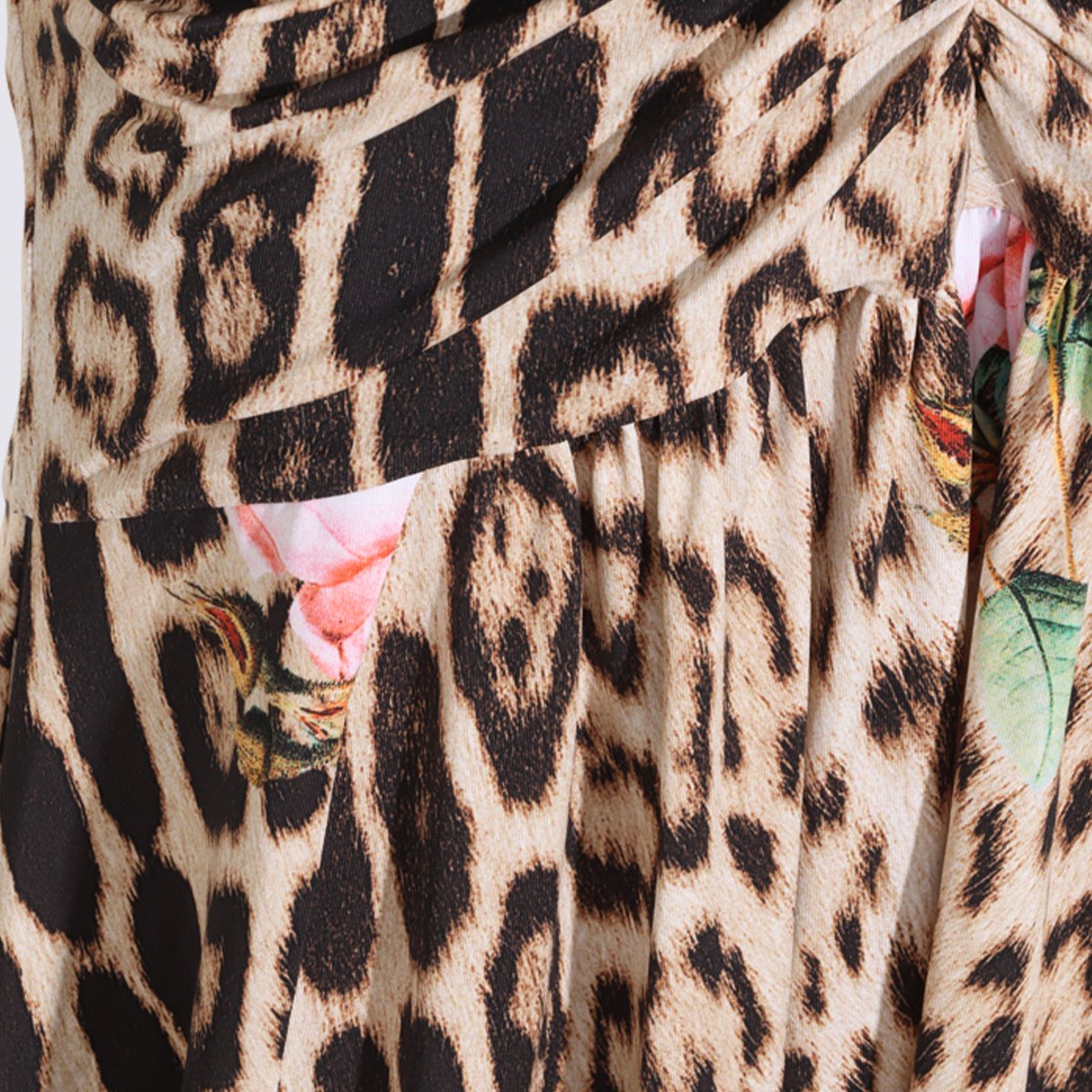 Roberto Cavalli Leopard Print Maxi Dress With Floral Accents And Ruched Detailing Roze