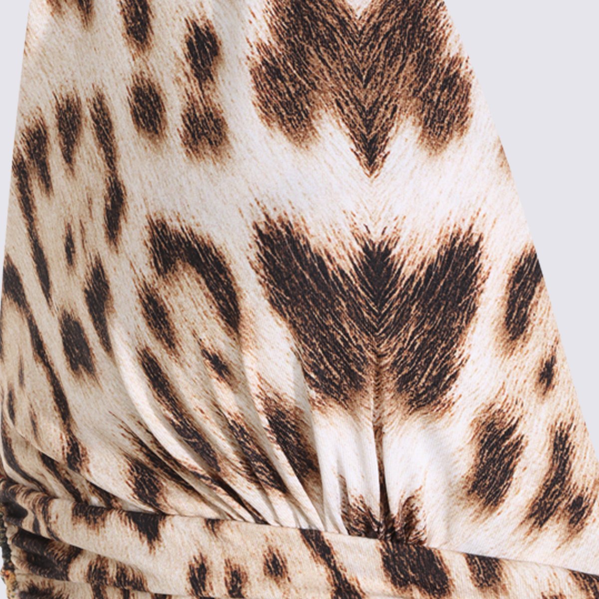 Roberto Cavalli Leopard Print Maxi Dress With Floral Accents And Ruched Detailing Roze