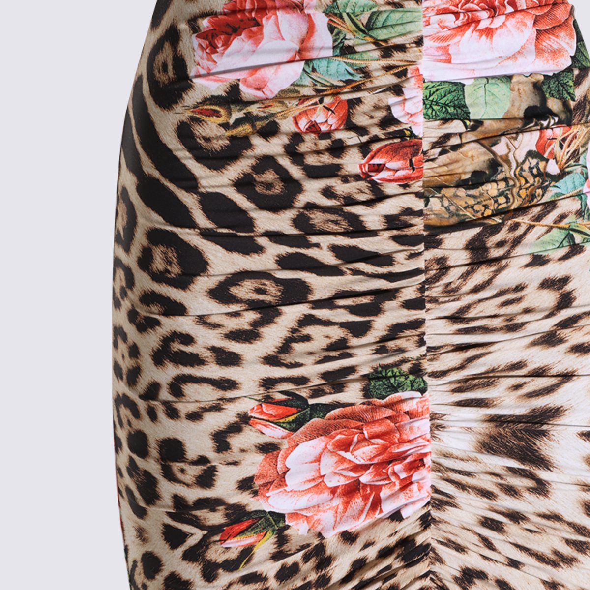 Roberto Cavalli Leopard Print Maxi Dress With Floral Accents And Ruched Detailing Roze