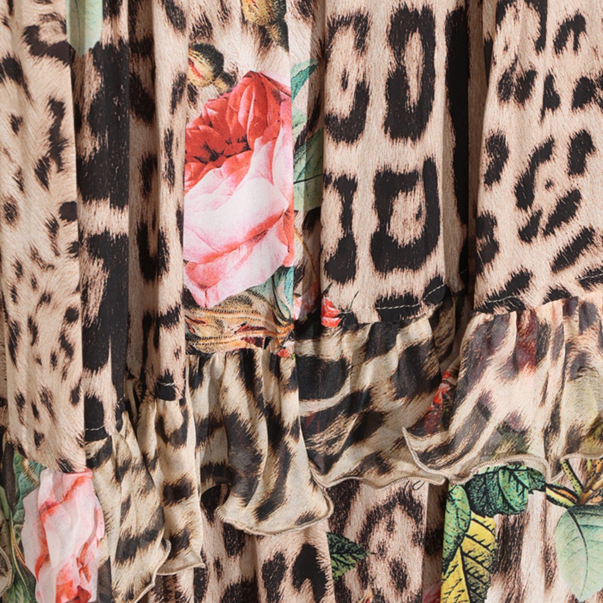 Roberto Cavalli Tiered Skirt with Leopard and Floral Patterns Roze