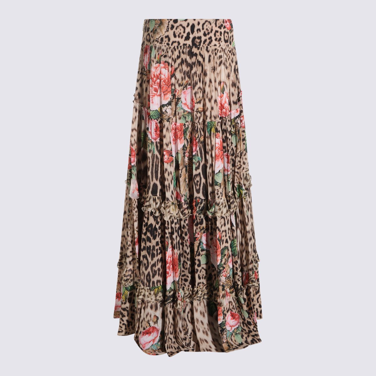 Roberto Cavalli Tiered Skirt with Leopard and Floral Patterns Roze