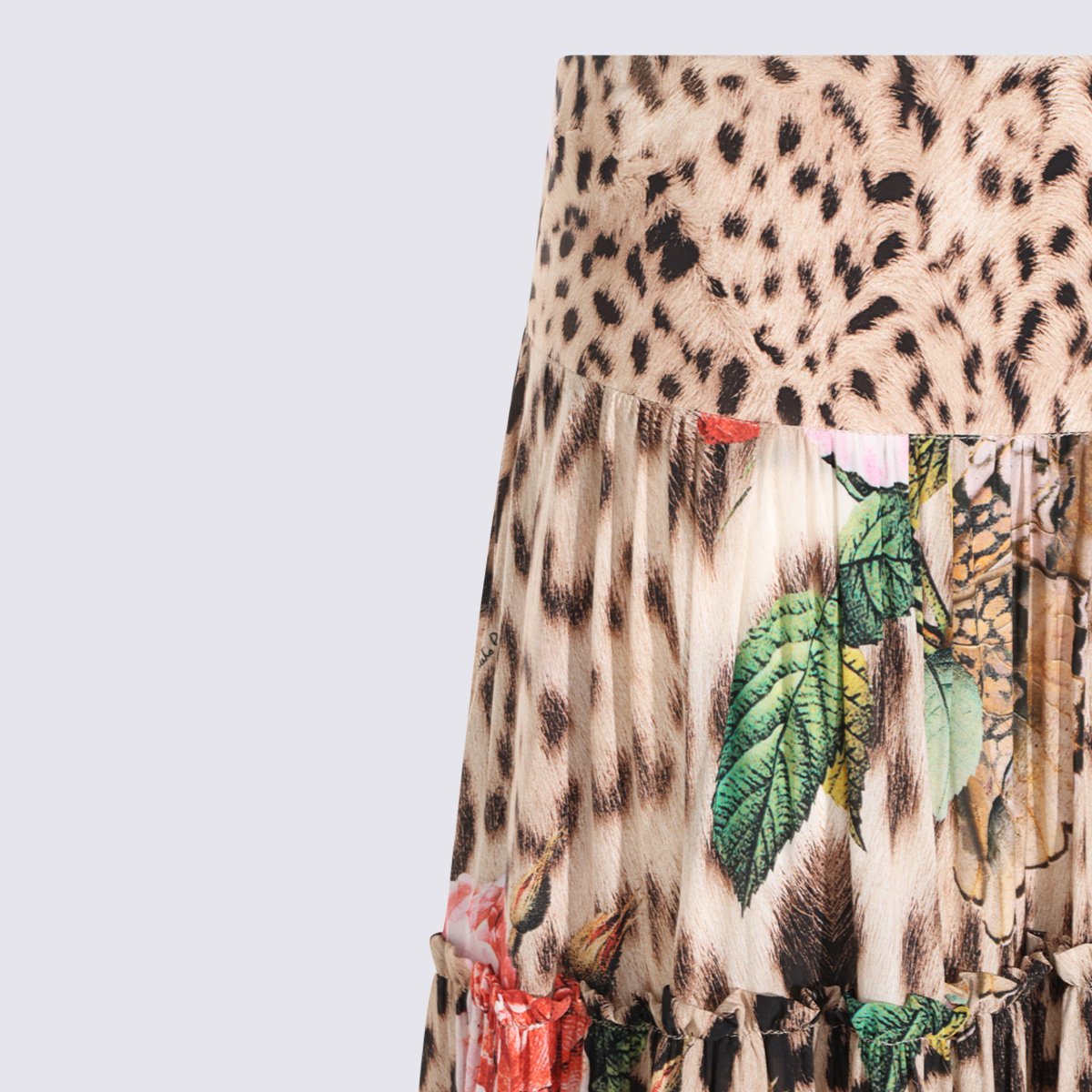 Roberto Cavalli Tiered Skirt with Leopard and Floral Patterns Roze