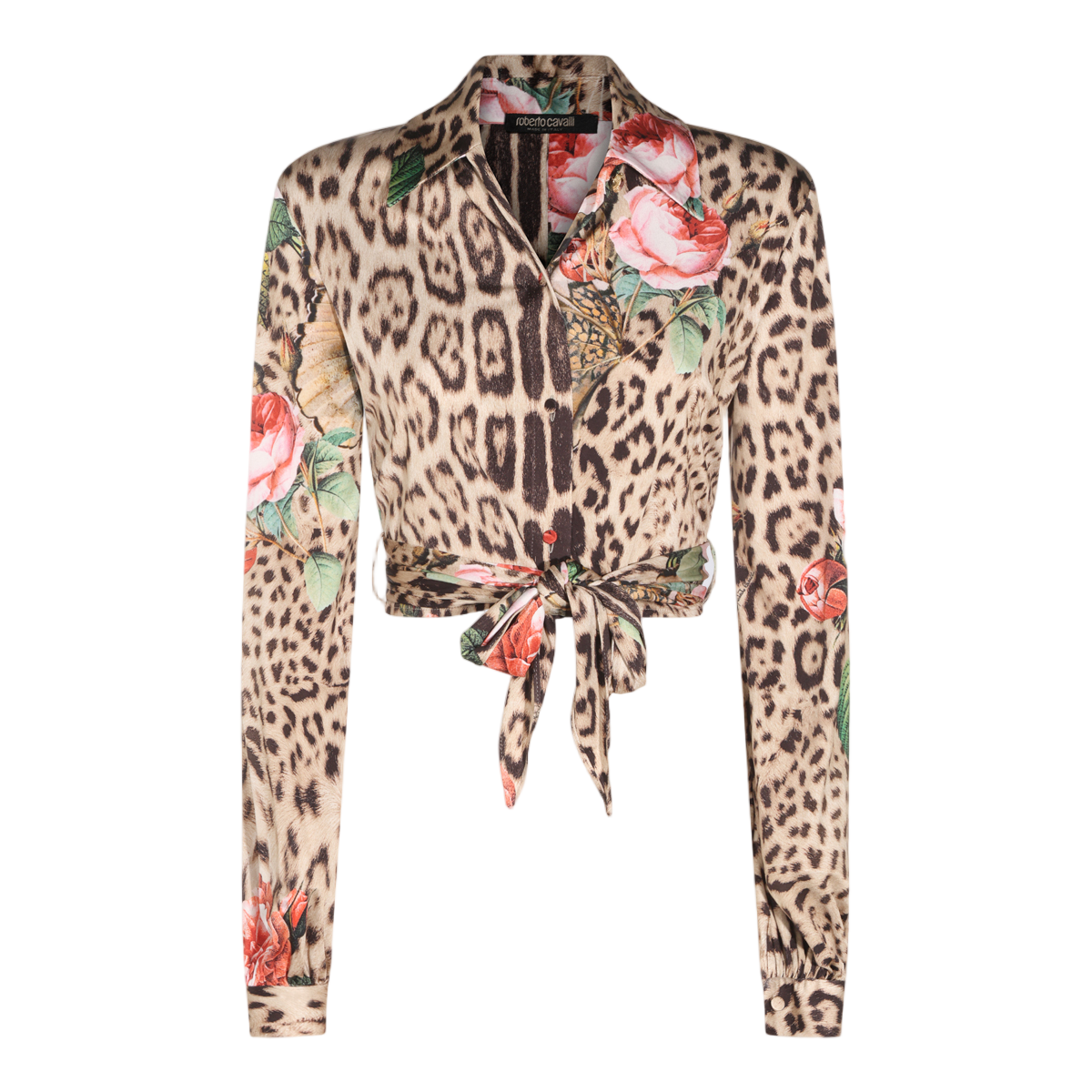 Roberto Cavalli Cropped Shirt with Bold Leopard Print Neutraal