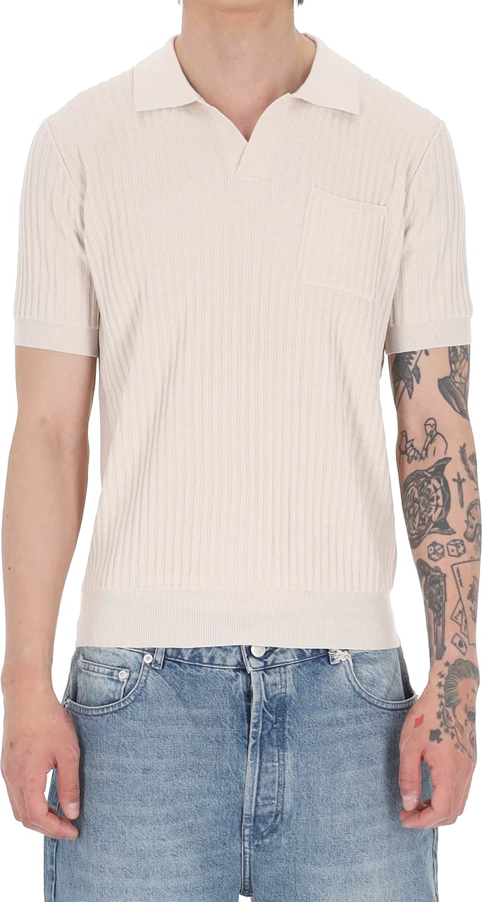 Roberto Collina Ribbed Cotton Open Collar Pocket Polo Shirt Neutraal