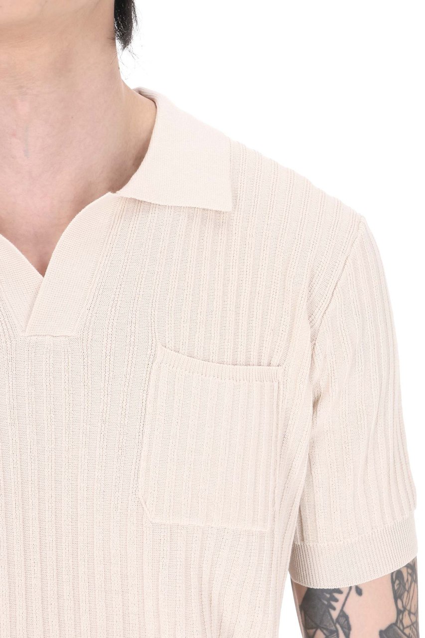 Roberto Collina Ribbed Cotton Open Collar Pocket Polo Shirt Neutraal