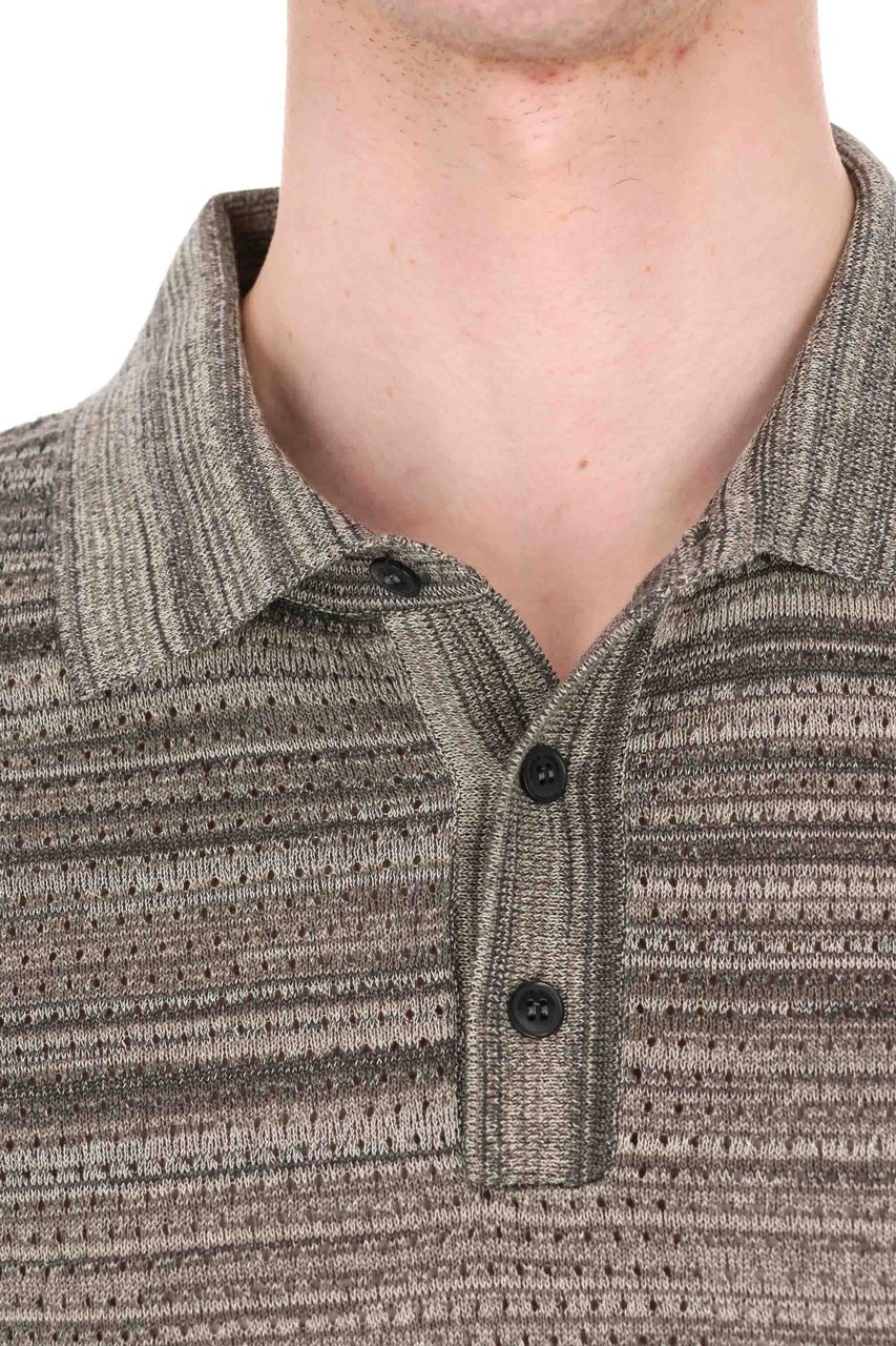 Roberto Collina Micro-Perforated Striped Cotton Polo Shirt Bruin
