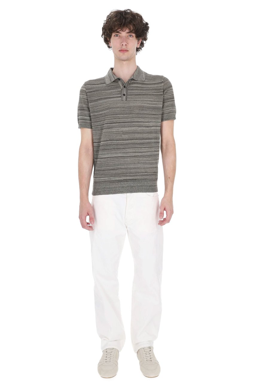 Roberto Collina Micro-Perforated Striped Cotton Polo Shirt Bruin