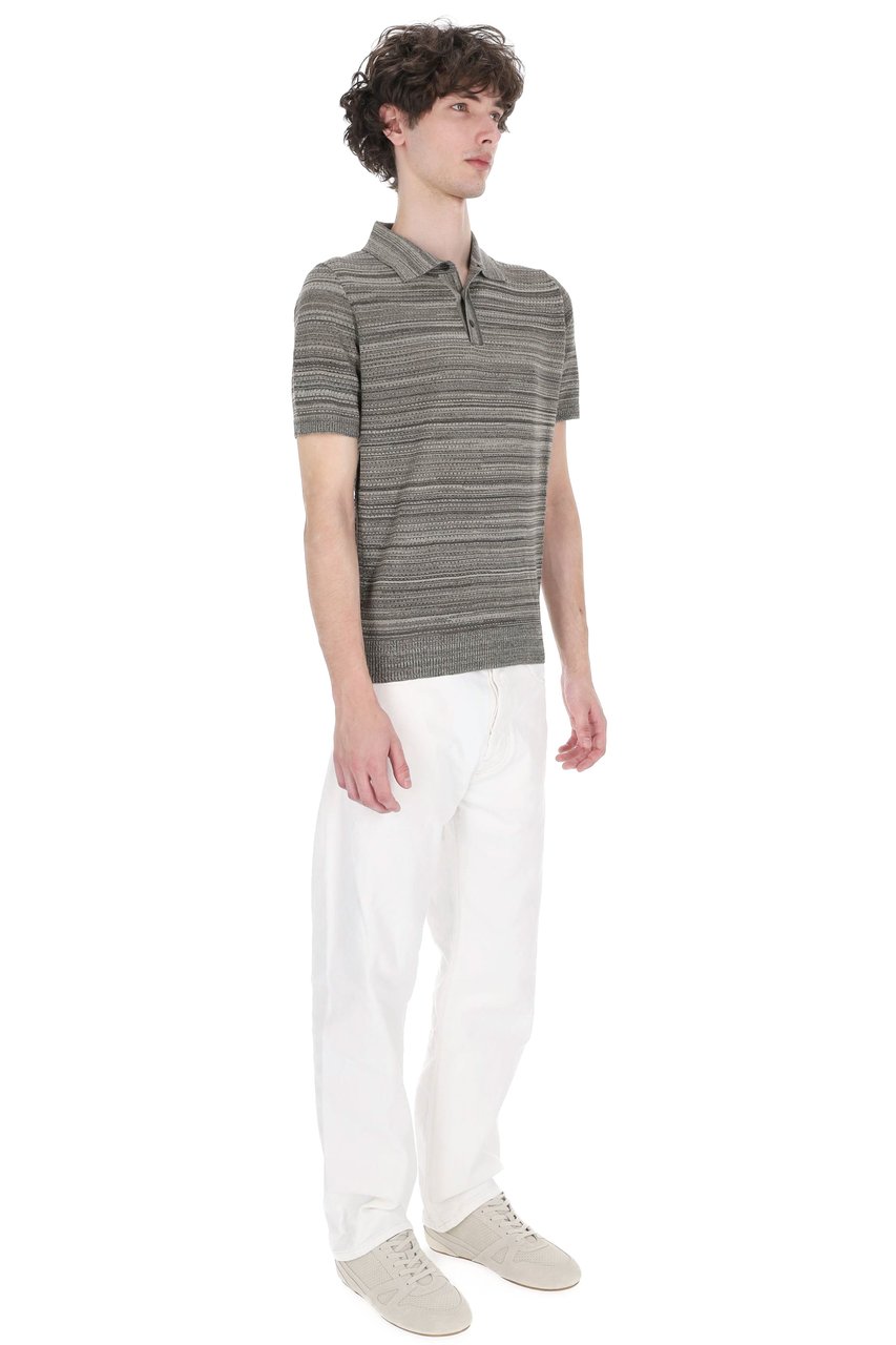 Roberto Collina Micro-Perforated Striped Cotton Polo Shirt Bruin