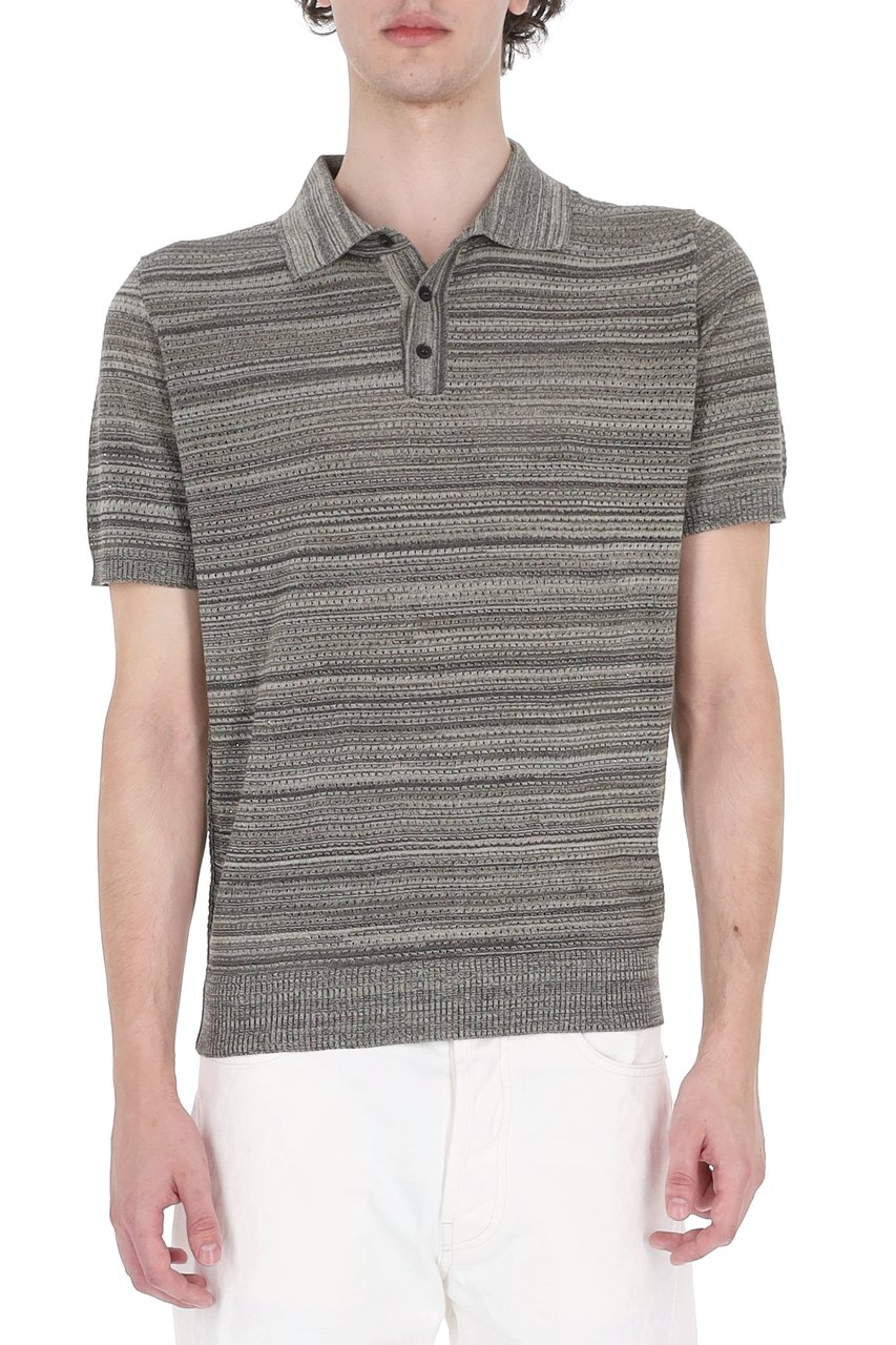 Roberto Collina Micro-Perforated Striped Cotton Polo Shirt Bruin