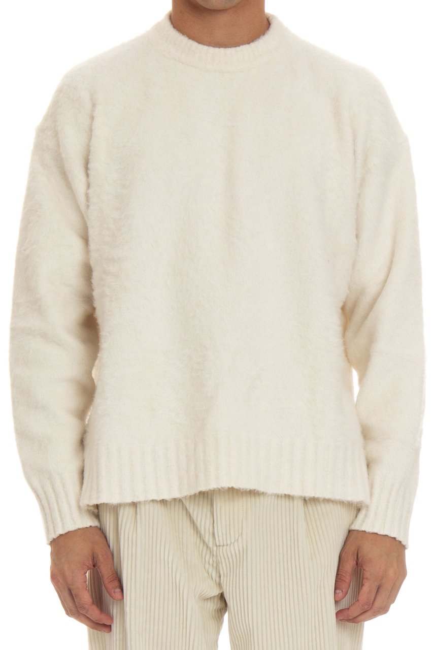Roberto Collina Oversized Cotton Crewneck Sweater with Side Slits Neutraal