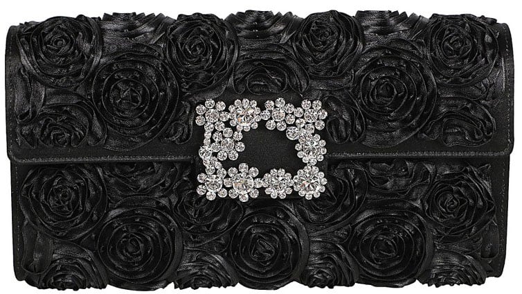Roger Vivier Rectangular Black Clutch Bag With Rosette Appliqués Zwart