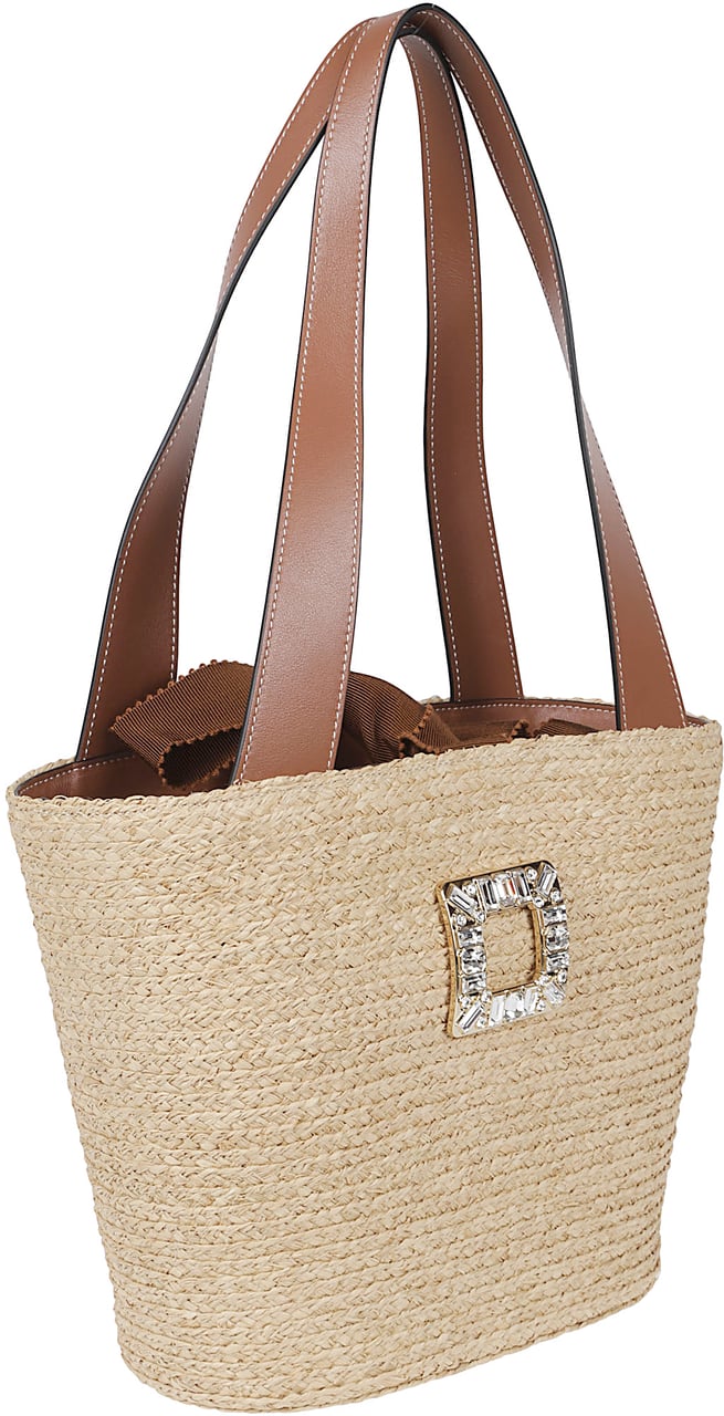 Roger Vivier Medium Woven Raffia Tote with Calfskin Handles Neutraal