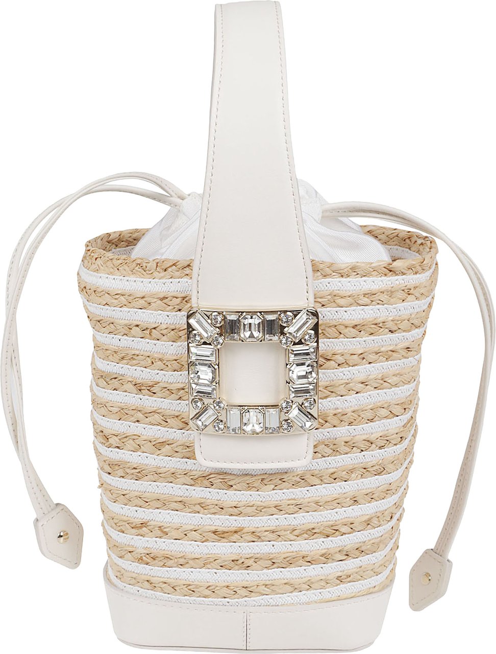 Roger Vivier Woven Raffia Bucket Bag with Crystal Buckle Accents Wit
