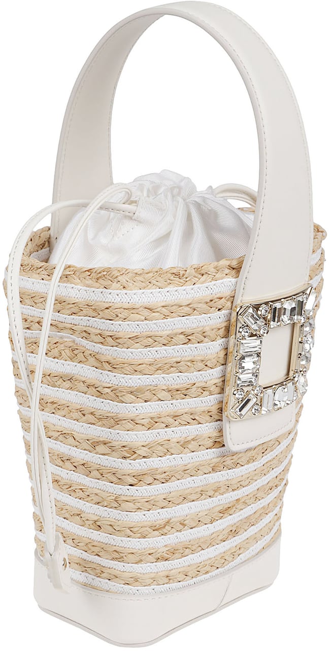 Roger Vivier Woven Raffia Bucket Bag with Crystal Buckle Accents Wit