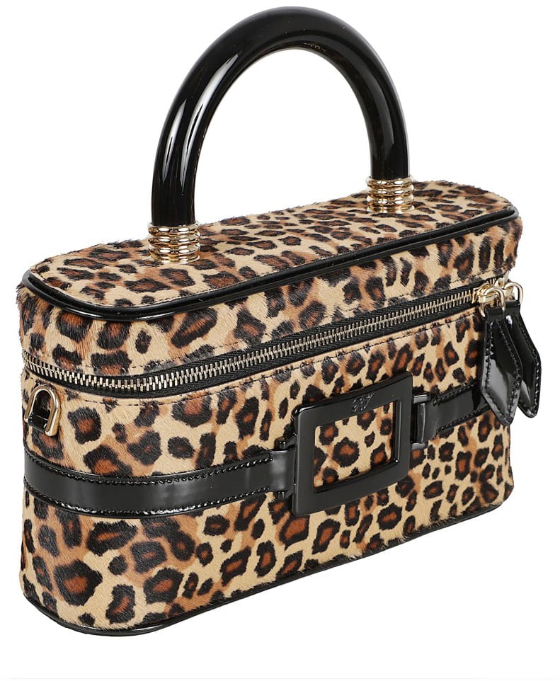 Roger Vivier Rectangular Calfskin Handbag With Leopard Print Zwart