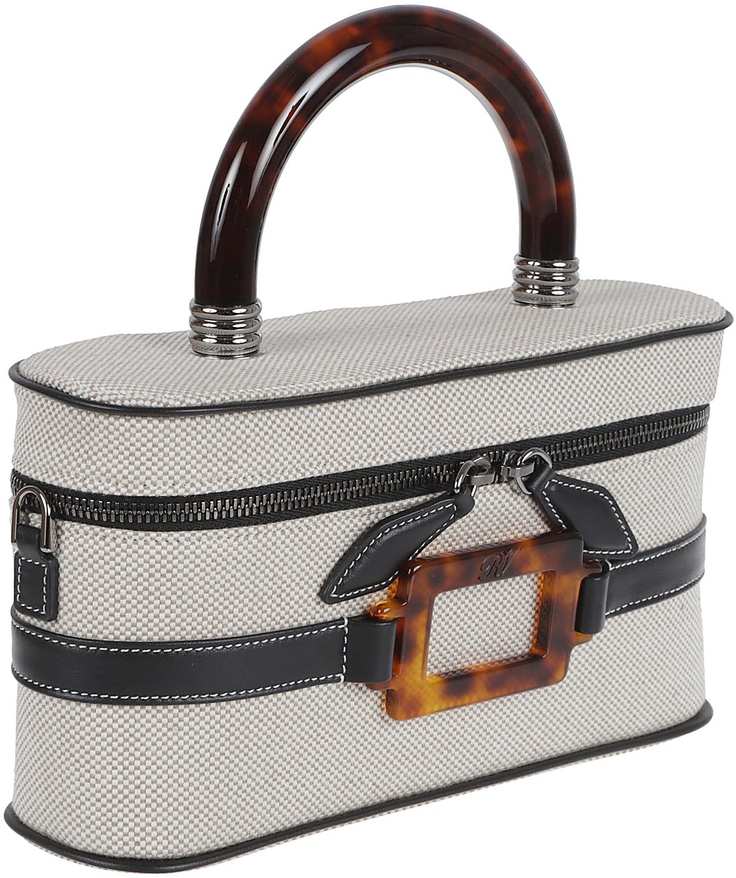 Roger Vivier Textured Fabric Handbag with Tortoiseshell Accents Grijs