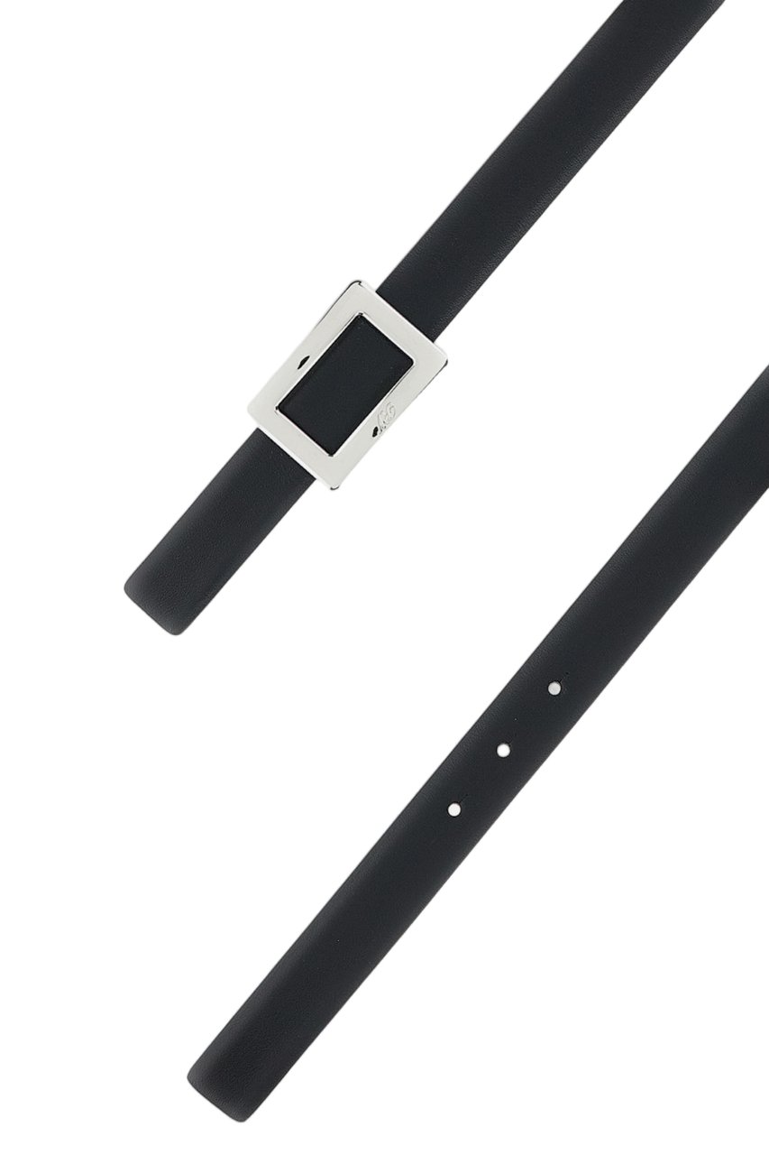 Roger Vivier Narrow Black Belt with Rectangular Silver Buckle Zwart
