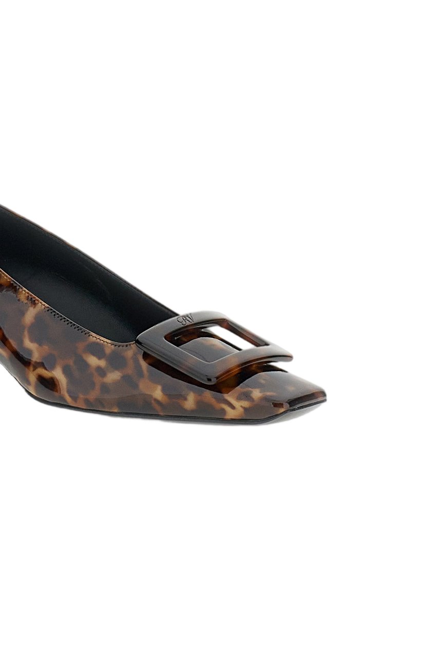 Roger Vivier Glossy Tortoiseshell Pattern Pumps with Pointed Toe and Low Block Heel Bruin