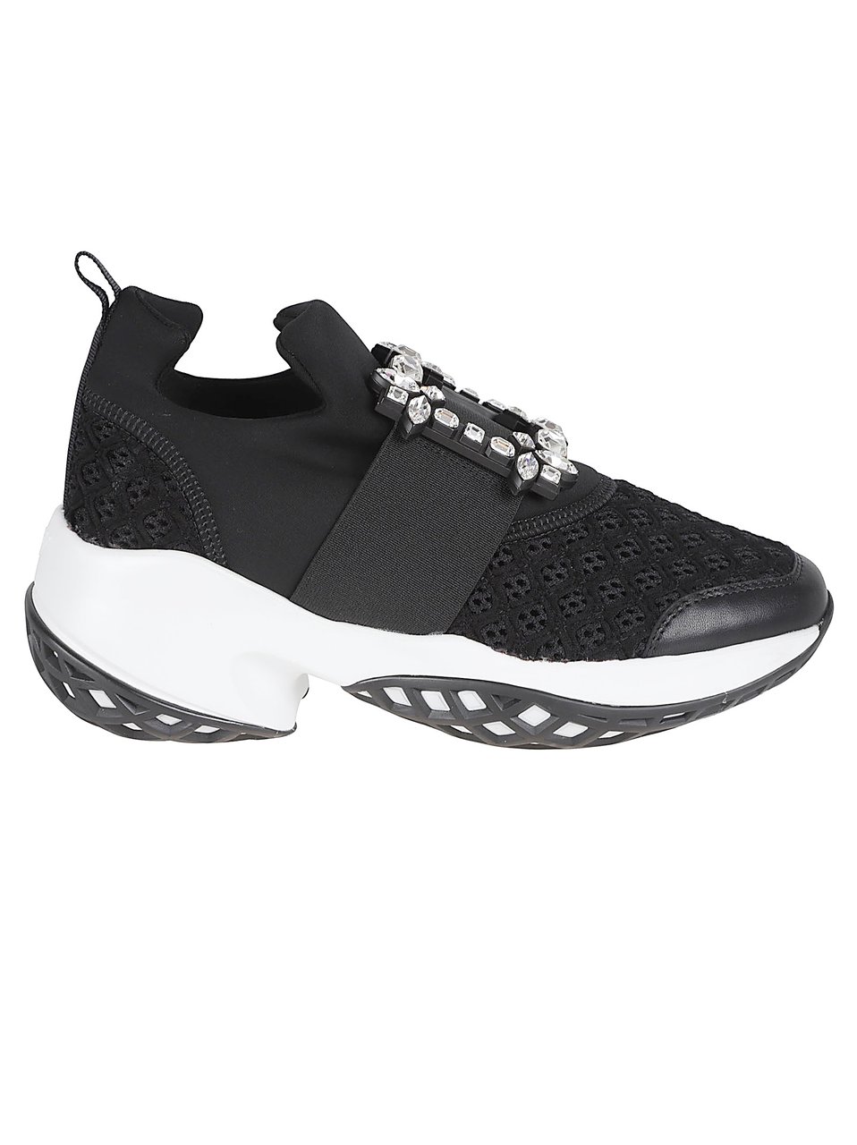 Roger Vivier Black Mesh Sneakers with Crystal Buckle and Geometric Sole Zwart