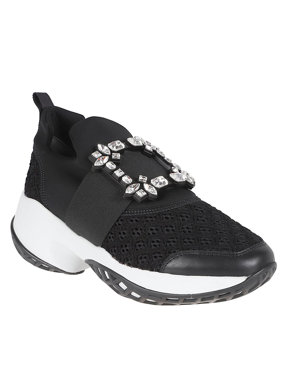 Roger Vivier Black Mesh Sneakers with Crystal Buckle and Geometric Sole Zwart