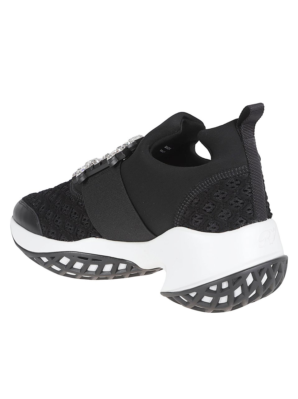 Roger Vivier Black Mesh Sneakers with Crystal Buckle and Geometric Sole Zwart