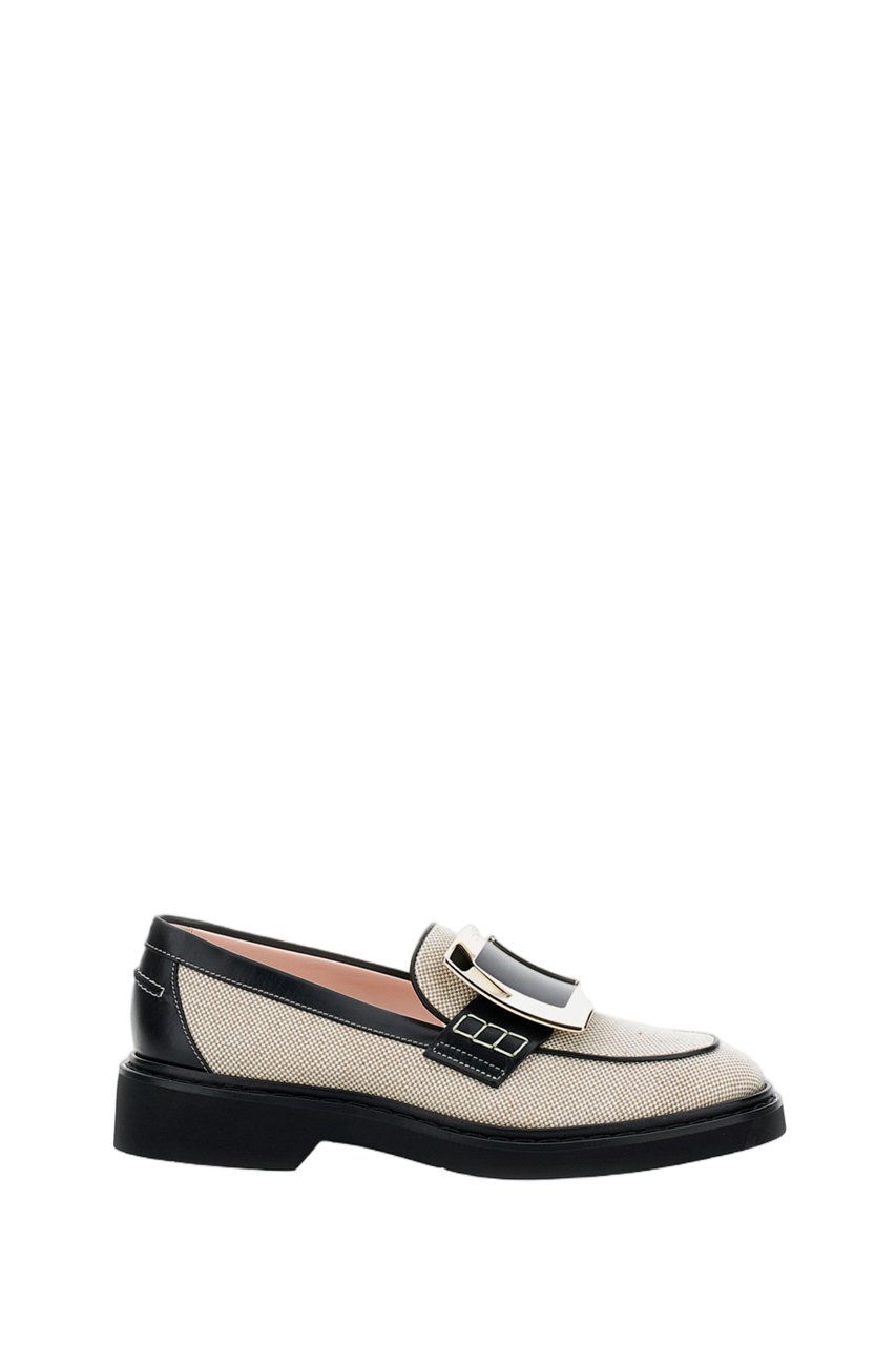 Roger Vivier Beige Woven Flats with Bold Black Buckle Detail Neutraal