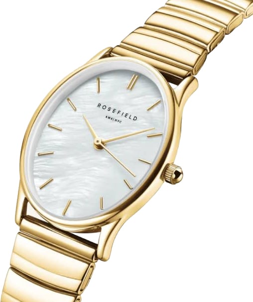 Rosefield Rosefield Horloge OVWGSG-OV16 The Oval White MOP Staal met Geelgouden Plating 24mm Goud