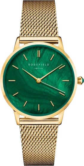 Rosefield Rosefield Horloge PEGMG-R10 Pearl Edit Staal met Geelgouden Plating en Groene Wijzerplaat en Mesh Horlogeband Goud