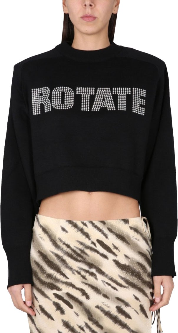 Rotate Rhinestone Logo Cropped Shirt Zwart