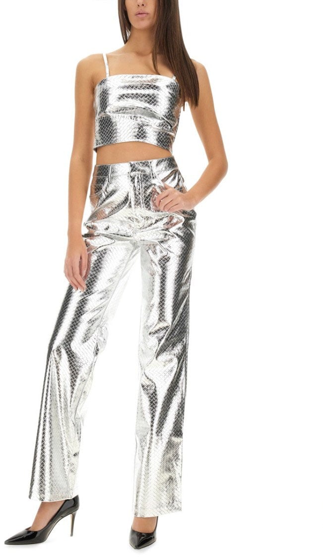 Rotate High-Waisted Metallic Finish Straight Leg Pants Zilver