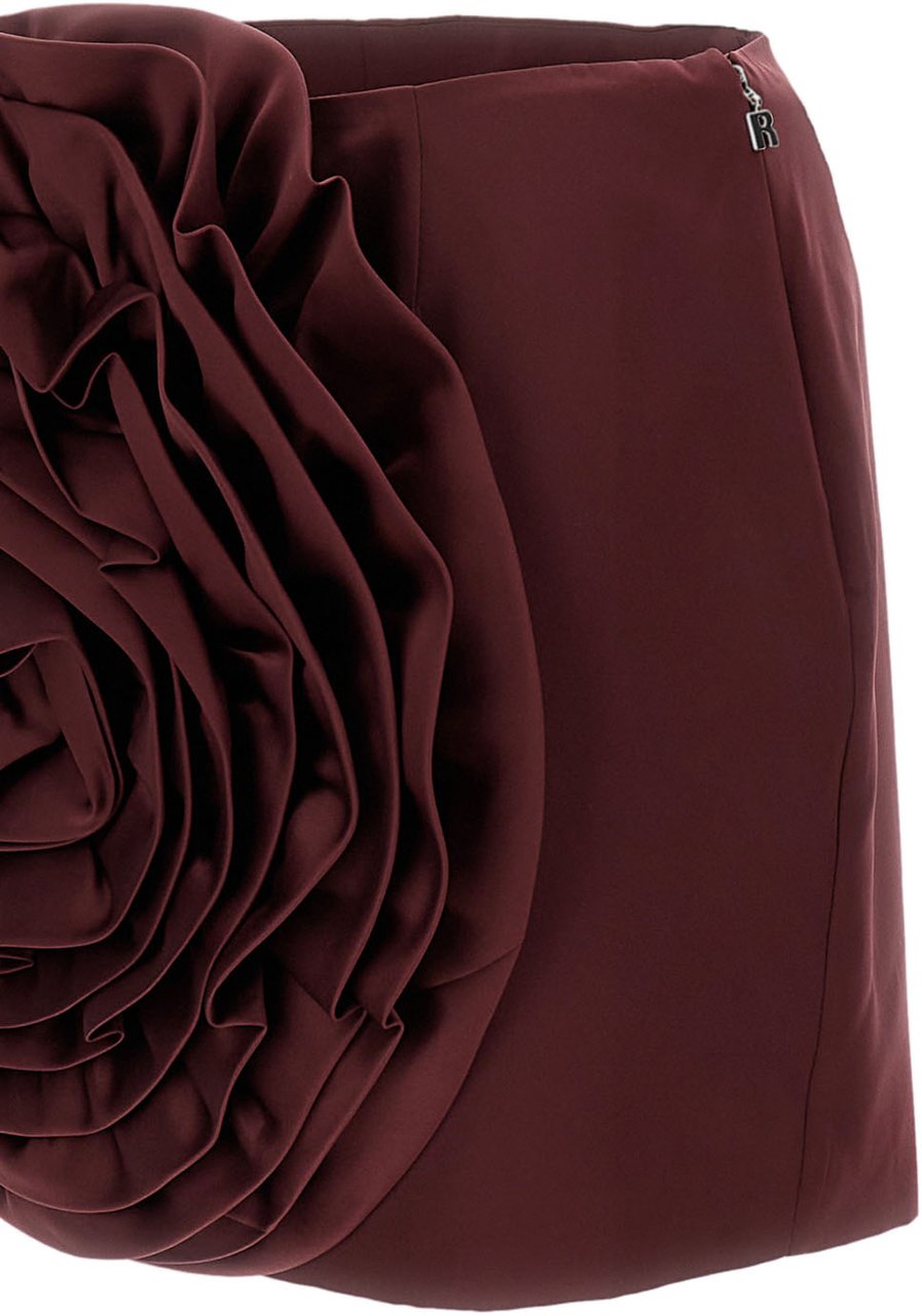 Rotate Burgundy Satin Mini Skirt With 3D Rose Appliqué Maroon