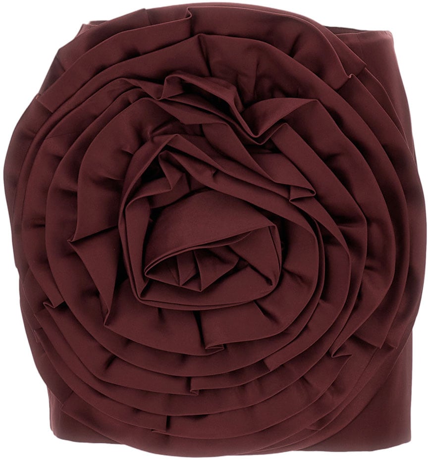 Rotate Burgundy Satin Mini Skirt With 3D Rose Appliqué Maroon