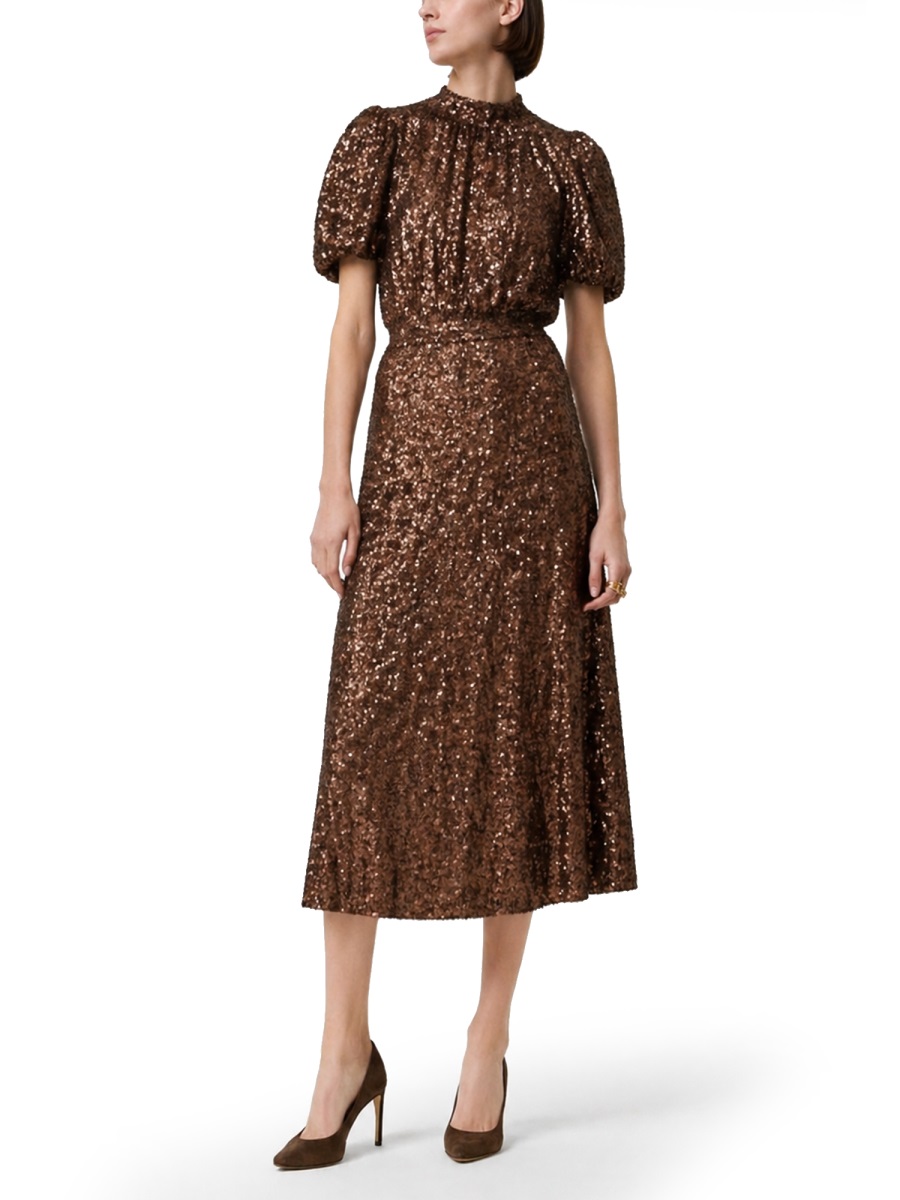 Rotate Neutrals Voluminous Puff Sleeves Midi Dress Zwart