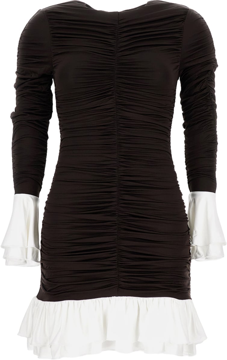 Rotate Mini Dress With Ruched Detailing And Ruffled Accents Zwart