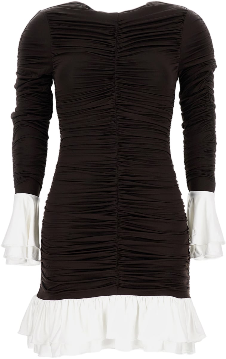 Rotate Mini Dress With Ruched Detailing And Ruffled Accents Zwart