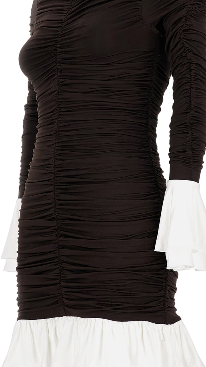 Rotate Mini Dress With Ruched Detailing And Ruffled Accents Zwart
