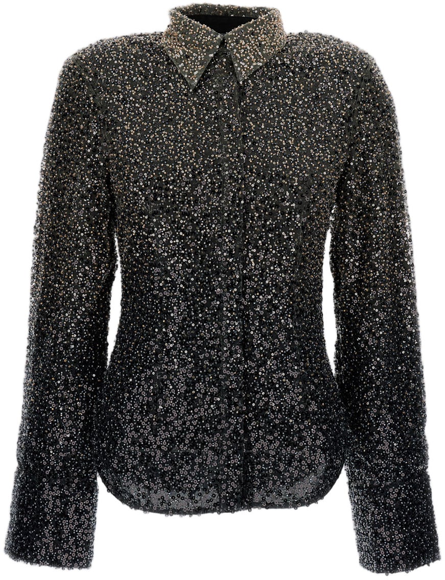 Rotate Long-Sleeve Polo Shirt With Beaded Embellishment And Structured Design Zwart